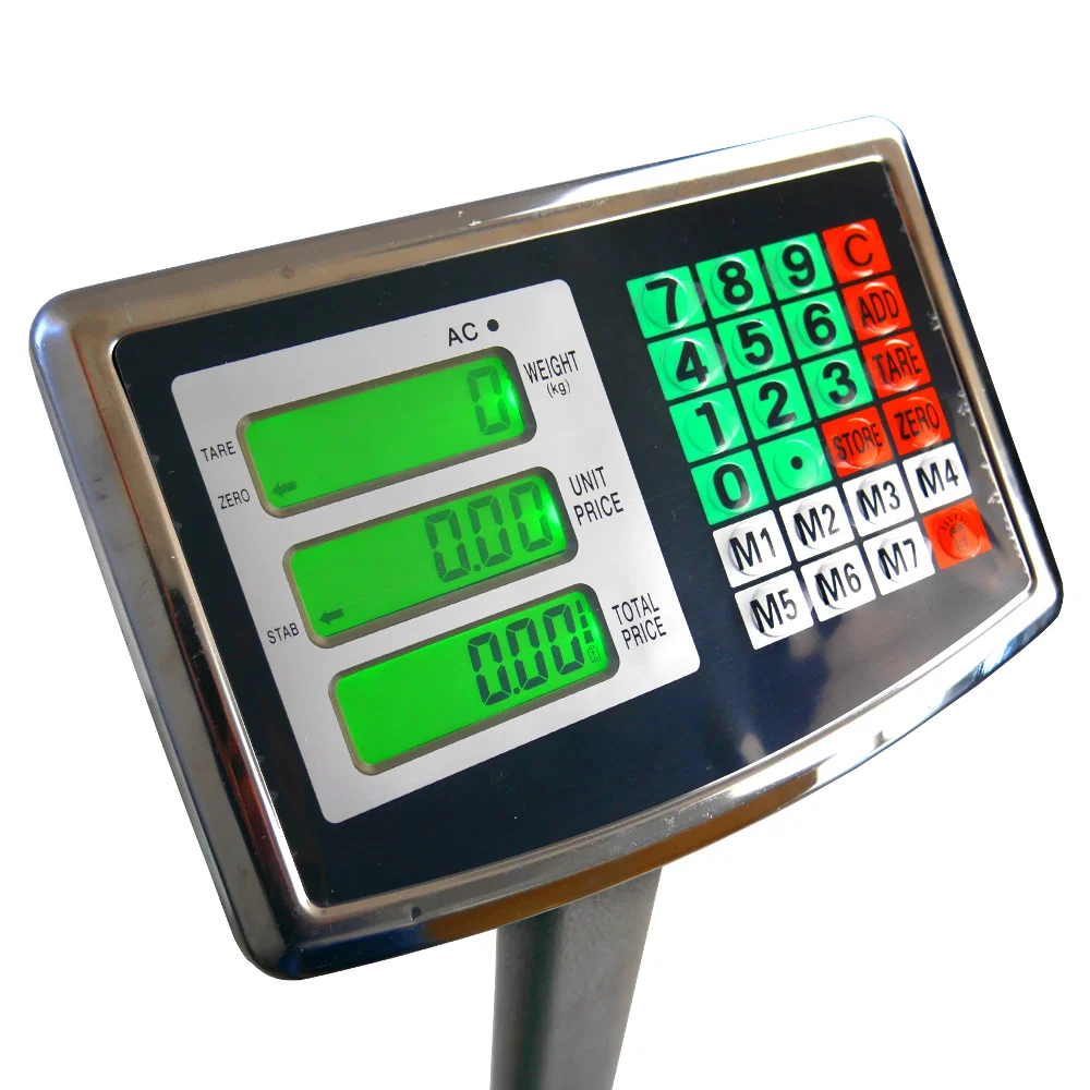 wagPRO-P500 tři zelené LCD displeje zobrazující hmotnost a cenu